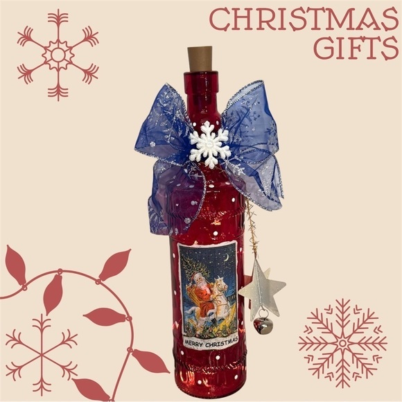 OOAK Hand-decorated Red Santa Lighted Wine Bottle Holiday Decor - Picture 1 of 6